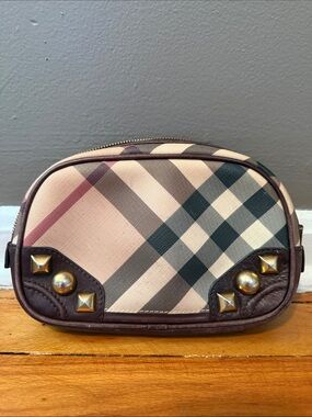 Burberry Beige Plaid Cosmetic Pouch with Dark Brown Trim and Gold Studs